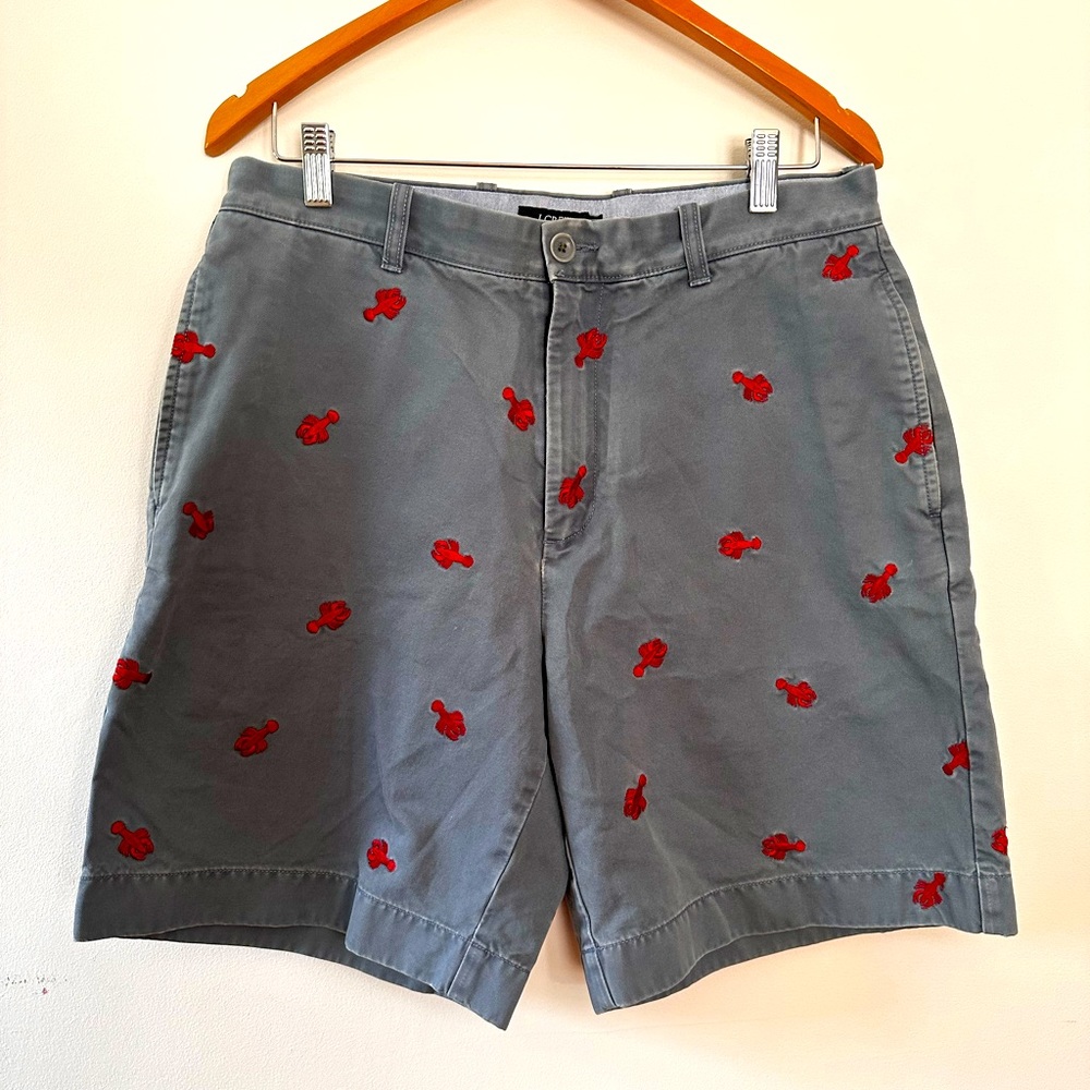 J Crew Classic Lobster Shorts , Steel Blue with Embroidered Red Lobsters sz 34